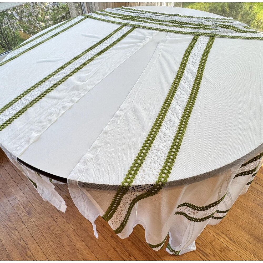 Vintage 70s double curtains, green embroidery, white panels & attached valance
